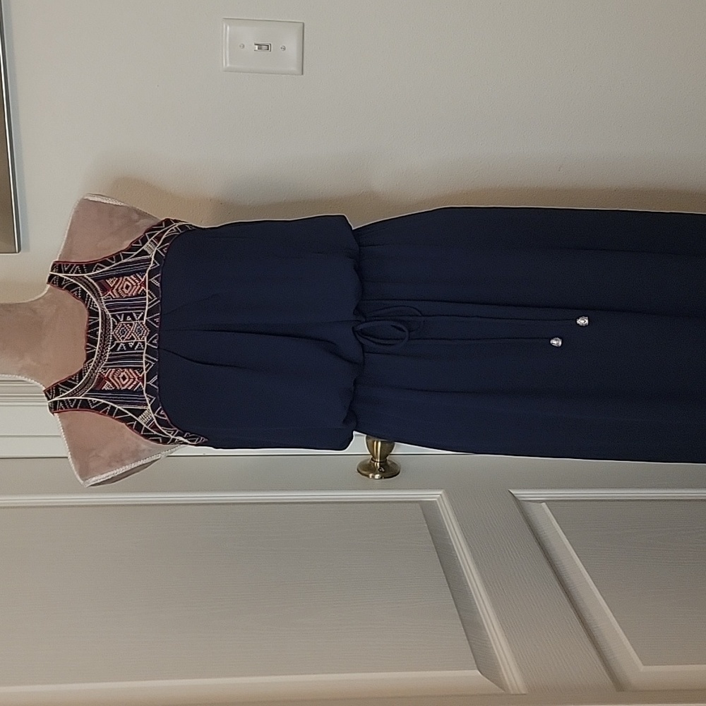 City Triangles Size S Navy Blue Tribal / Aztec Embroidered Sleeveless Maxi Dress